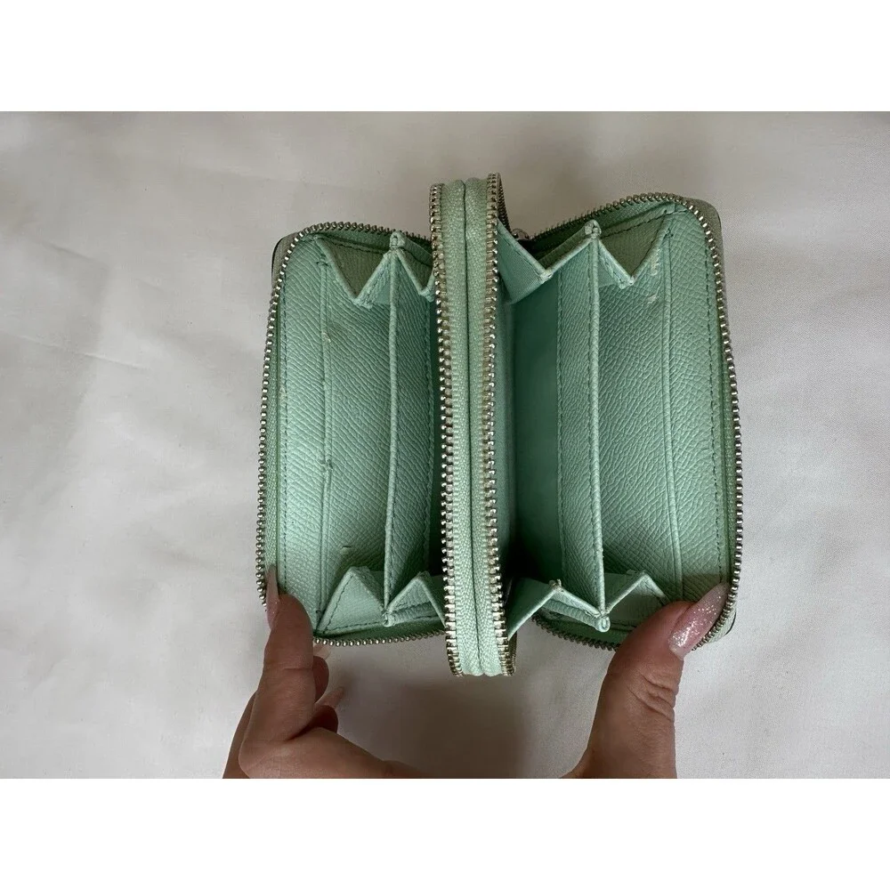 Coach Small Zip Around Pebbled Leather Wallet Card Holder Case Light Green Pool